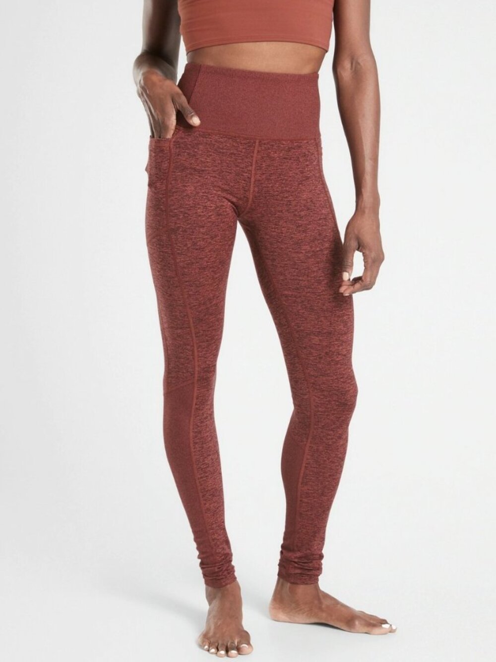 Athleta Exhale Stash Pocket Heel Tight in SoftLuxe in Heather Burgundy S